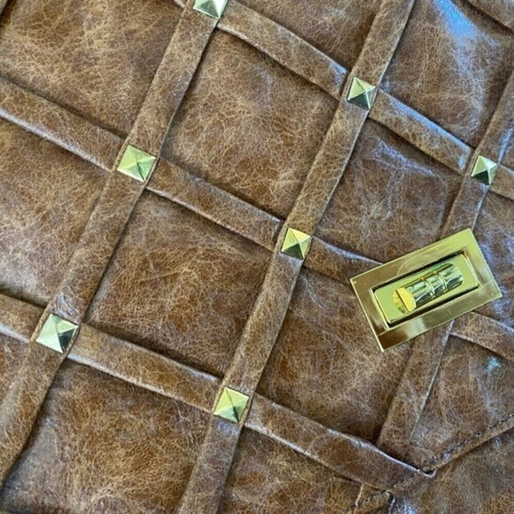 Big Buddha Chocolate Brown Weaved Studded Vegan Leather Turn Lock Shoulder Bag - Picture 8 of 11